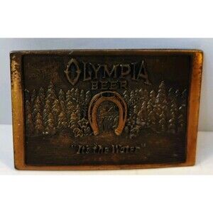 Vintage 1970s Olympia Beer Belt Buckle Brass Horseshoe Its The Water Waterfall